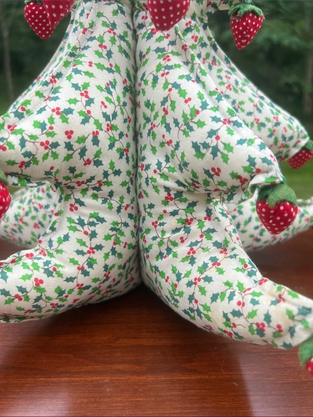 Vintage Kitsch 3D Stuffed Holly Berry Fabric Christmas Tree with Strawberries